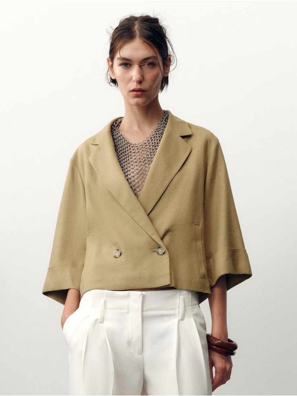 ZARA cropped khaki double-breasted linen blazer. L NWT